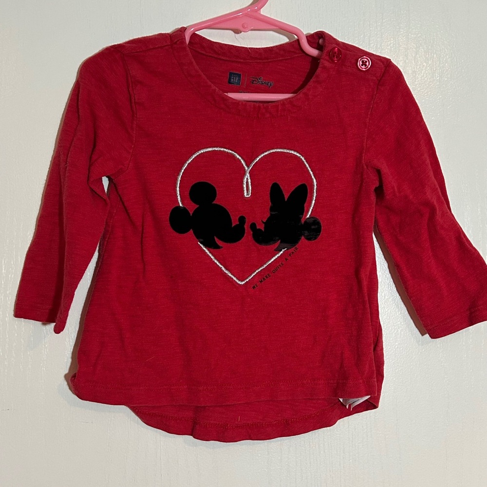 Baby Gap Disney Mickey Minnie Heart Long Sleeve Red Shirt 18-24 Months Toddler